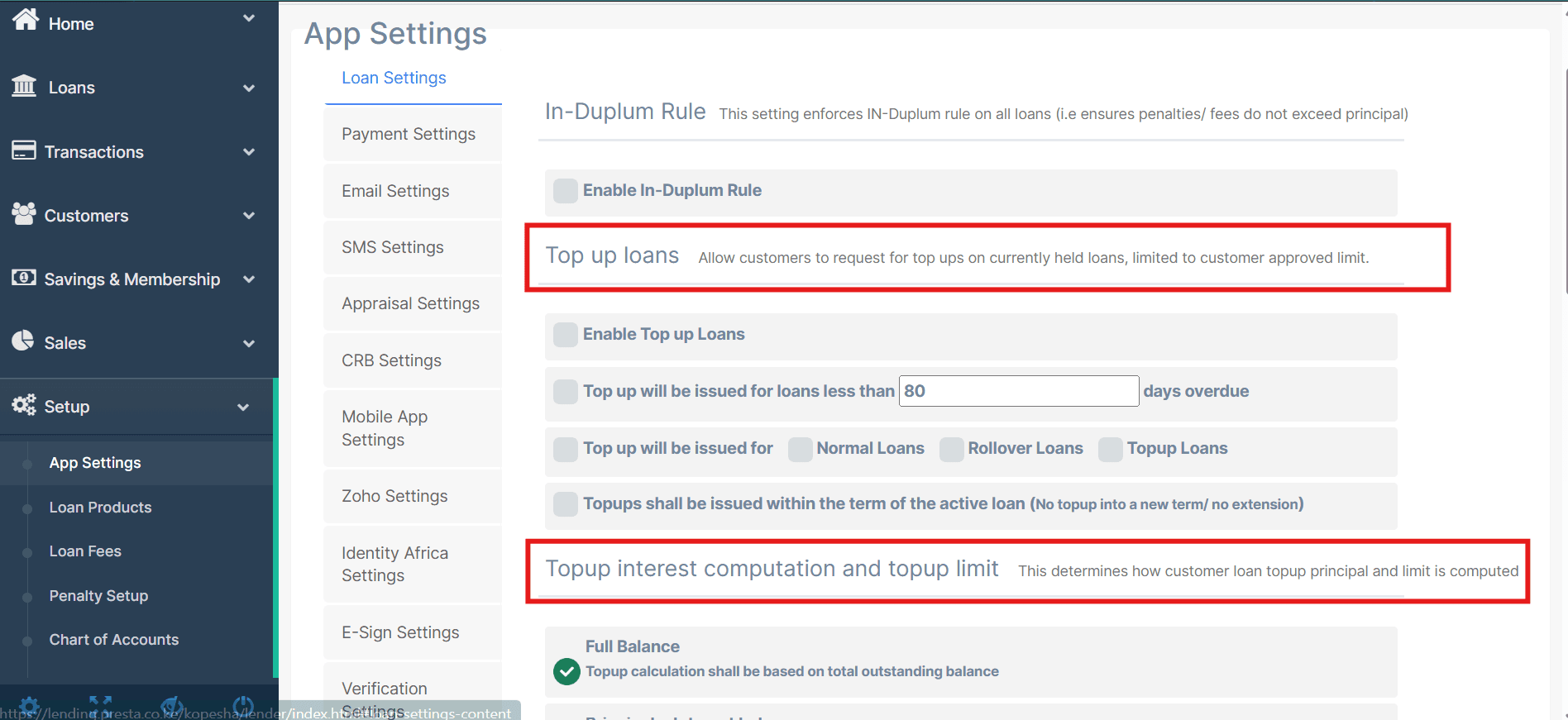 Figure 3.4 Global configuration settings for enabling and defining eligibility thresholds for loan top-ups.
